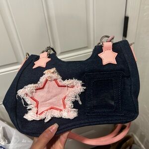 Denim Star Applique Crossbody Bag in Navy and Pink